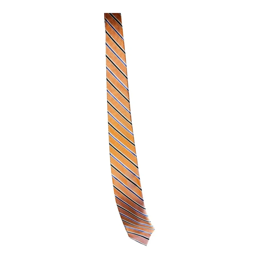 Chaps Mens Silk Necktie‎ Orange Navy Blue White Diagonal Striped Hand Made Tie